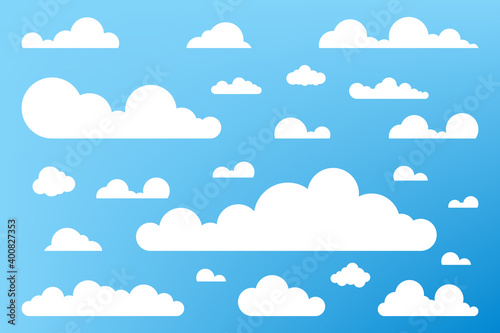 Set of blue sky, clouds. Cloud icon, cloud shape. Set of different clouds. Collection of cloud icon, shape, label, symbol. Graphic element vector. Vector design element for logo, web and print.