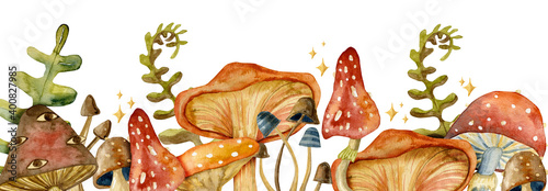 Border toadstool mushroom with red fly-agaric mushrooms.  Watercolor mushrooms.