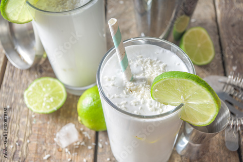 Coconut Lime French Soda, Brazilian white Lemonade, coconut mojito, Vegan Trendy Drink with coconut milk and Lime photo