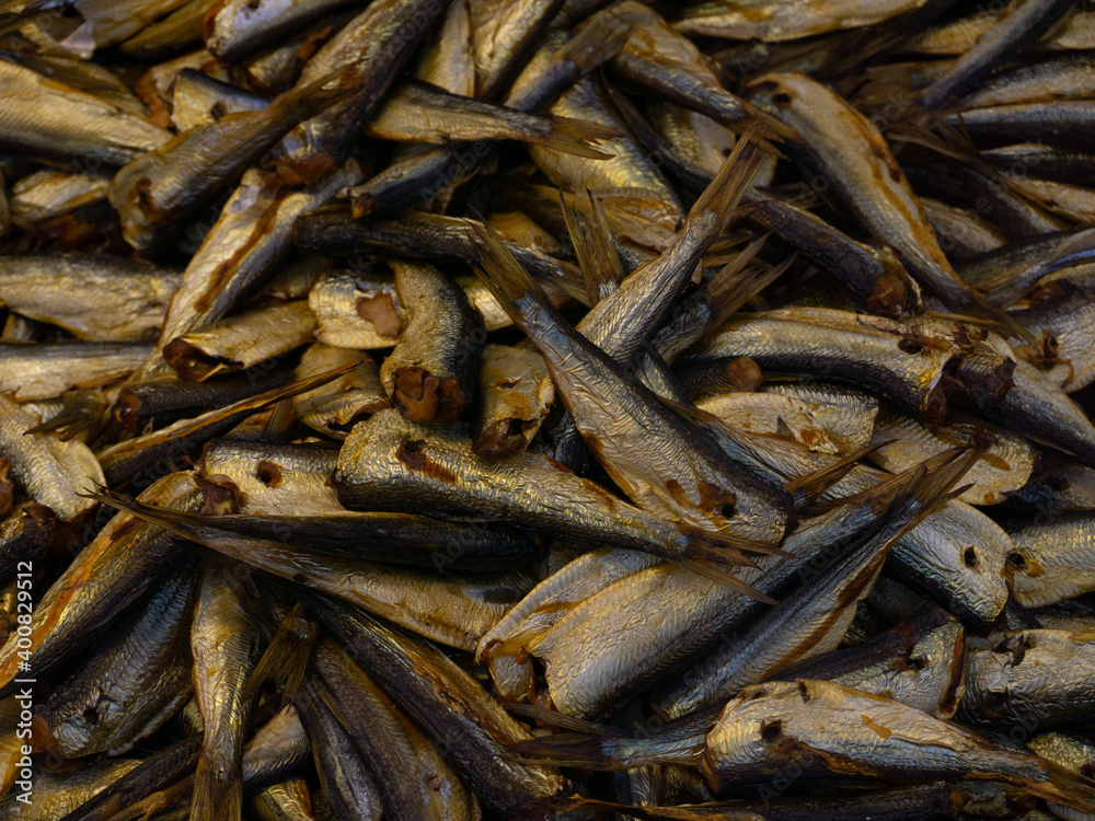 smoked fish on the store counter