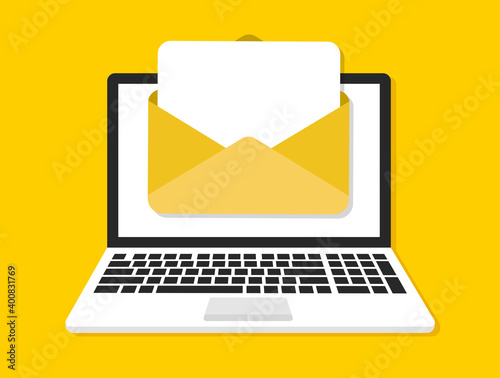 Laptop with envelope and document on screen. E-mail, email icon