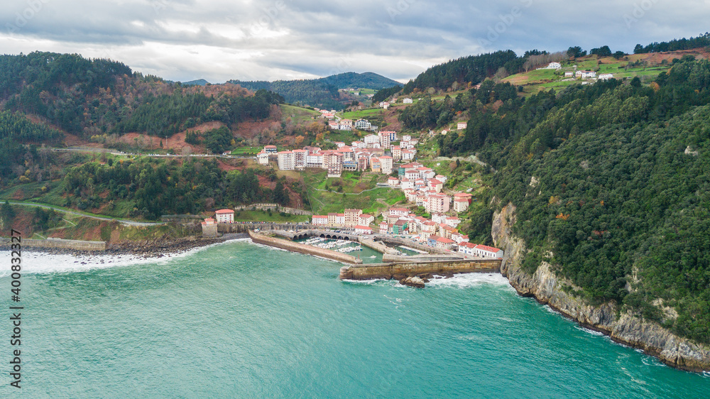 aerial view of elantxobe maritime town, Basque country