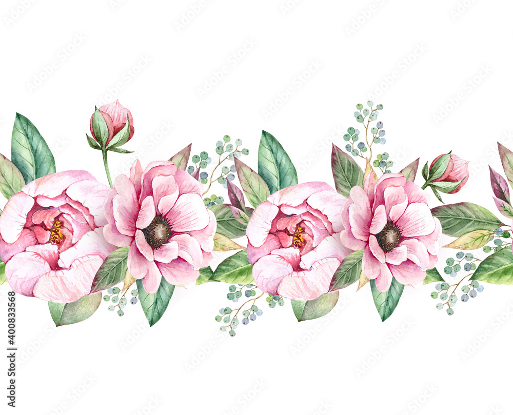 seamless ornament delicate pink flowers peonies and anemones watercolor illustration on white background. hand painted for wedding invitations, decor and design