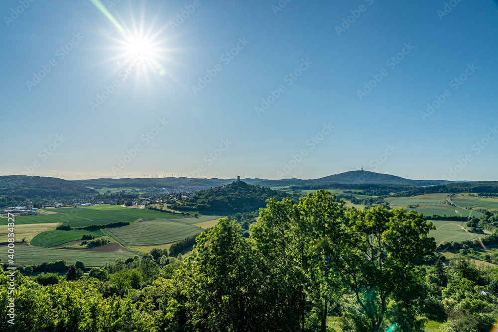 view on castle ruin vetzberg and duensberg mountain with a buitiful ladscape panorama. view  from the medieval castle ruin gleiberg near giessen, hesse, germany
