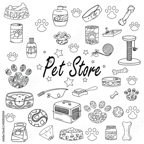 A large set of items for cats or dogs. toys for animals. Animal accessories Hand-drawn element from a set of doodles. Isolated illustration on a white background.