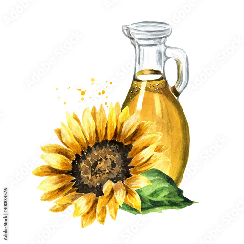 Sunflower oil and a flower. Hand drawn watercolor illustration, isolated on white background