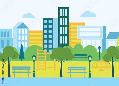 Public space with lawn and trees for walking and relaxingpark in the city with children playground. Vector urban landscape background illustration.