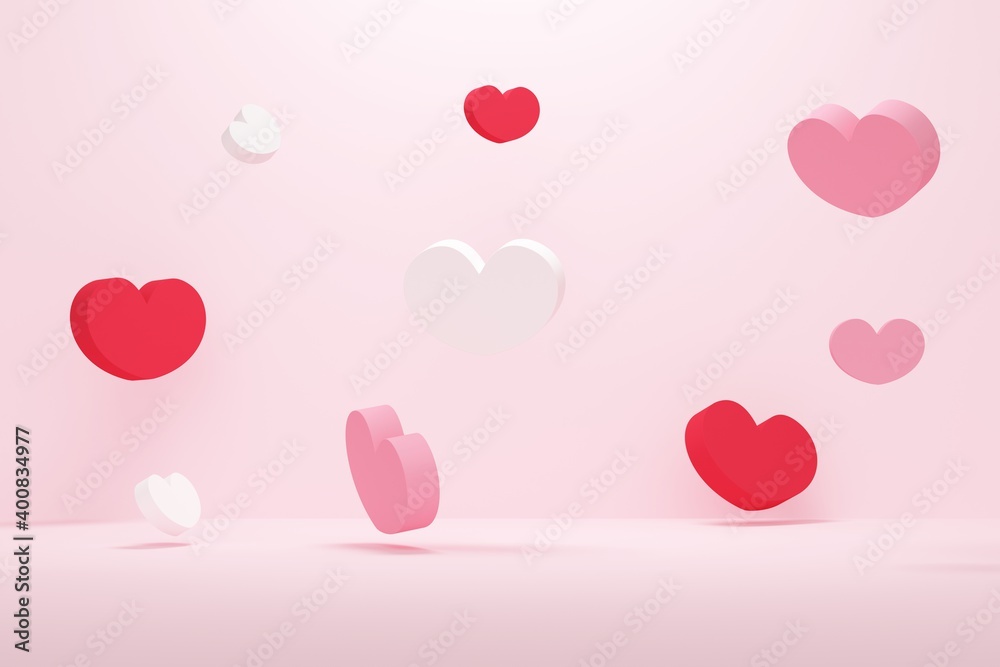 Colored levitating hearts. Abstract background. 3d rendering