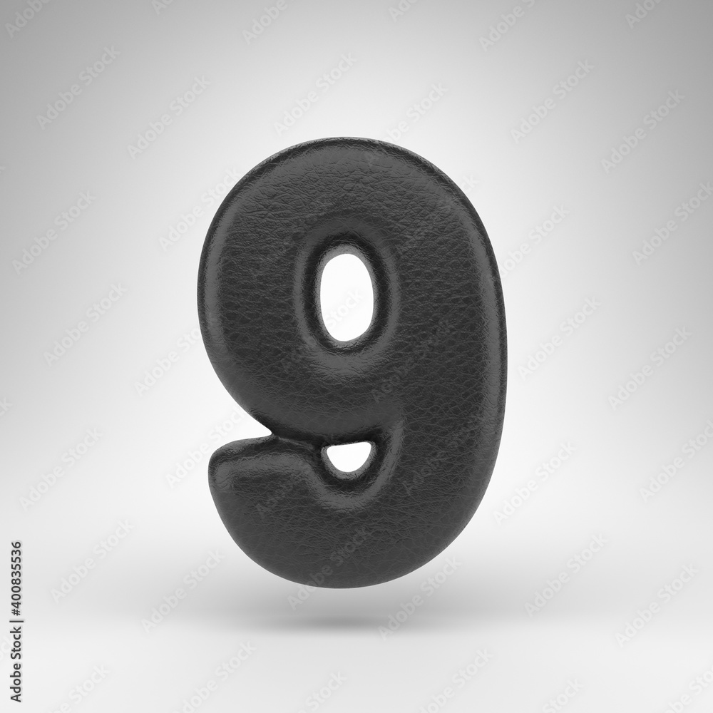 Number 9 on white background. Black leather 3D number with skin texture. Number 9 on white background. Black leather 3D number with skin texture.