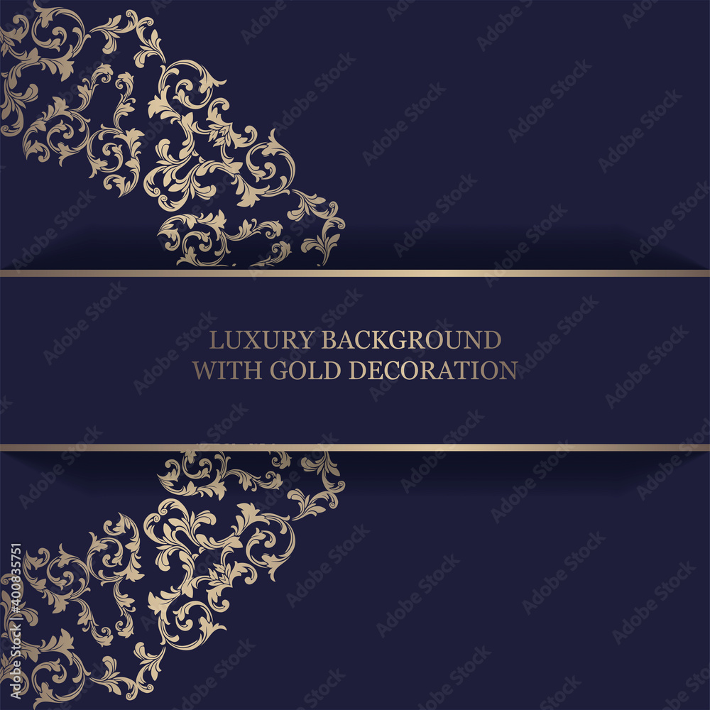 Luxury design template for greeting card, invitation, menu, flyer. Blue color with gold ornaments.