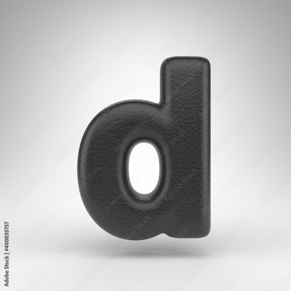 Letter D lowercase on white background. Black leather 3D letter with skin texture. Letter D lowercase on white background. Black leather 3D letter with skin texture.