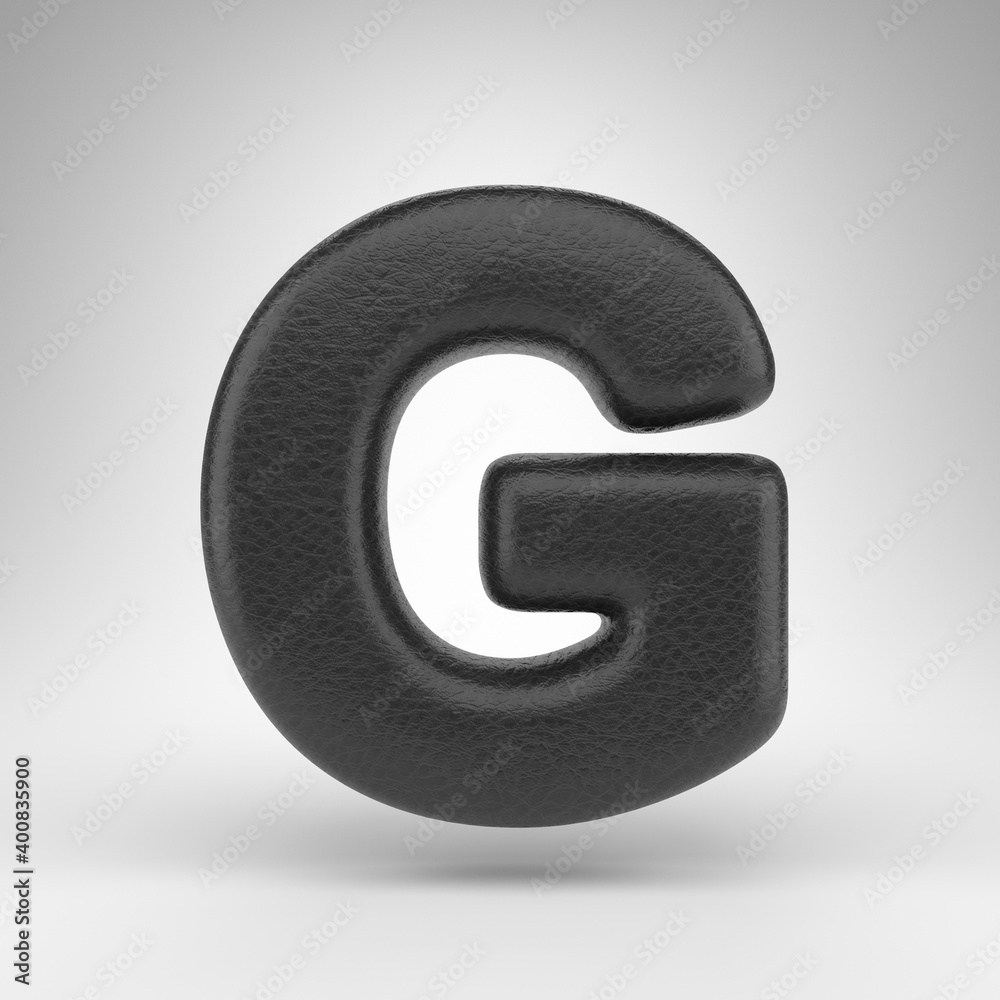 Letter G uppercase on white background. Black leather 3D letter with skin texture. Letter G uppercase on white background. Black leather 3D letter with skin texture.