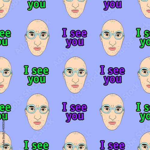 Vector illustration. Seamless pattern
face of a man in glasses with text on a blue background. Design element for poster, banner, clothes.
