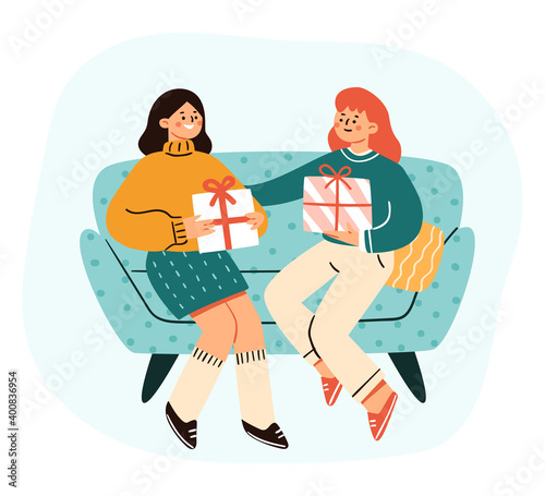 Vector illustration of sisters or girlfriends exchanging holiday presents. Happy scene in modern cartoon style. Elements are isolated.