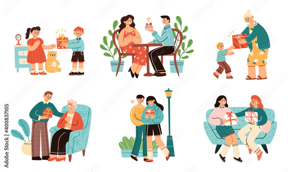 Colorful vector set of people giving holiday or anniversary gifts. Bundle of adorable scenes in modern cartoon style. Elements are isolated.