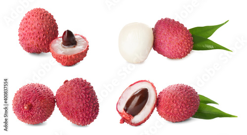 Set of delicious fresh lychees on white background. Banner design
