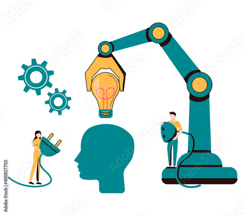 Business concept vector illustration, network connection, brainstorming, light bulb lights up as a creative idea, brain charging