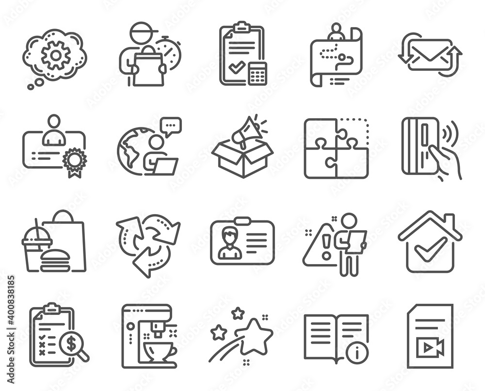 Technology icons set. Included icon as Accounting report, Technical info, Megaphone box signs. Refresh mail, Certificate, Puzzle symbols. Contactless payment, Recycle, Video file. Cogwheel. Vector