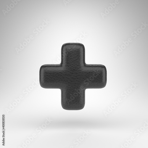 Plus symbol on white background. Black leather 3D sign with skin texture.