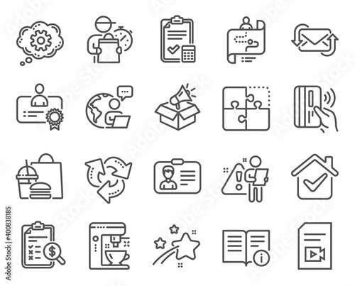 Technology icons set. Included icon as Accounting report, Technical info, Megaphone box signs. Refresh mail, Certificate, Puzzle symbols. Contactless payment, Recycle, Video file. Cogwheel. Vector