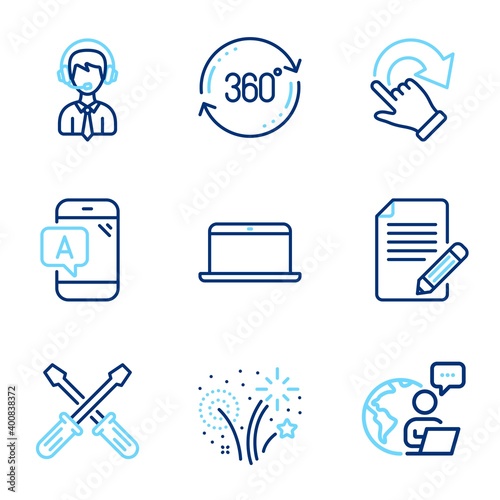 Business icons set. Included icon as Article, Full rotation, Fireworks signs. Laptop, Shipping support, Ab testing symbols. Screwdriverl, Rotation gesture line icons. Feedback, 360 degree. Vector
