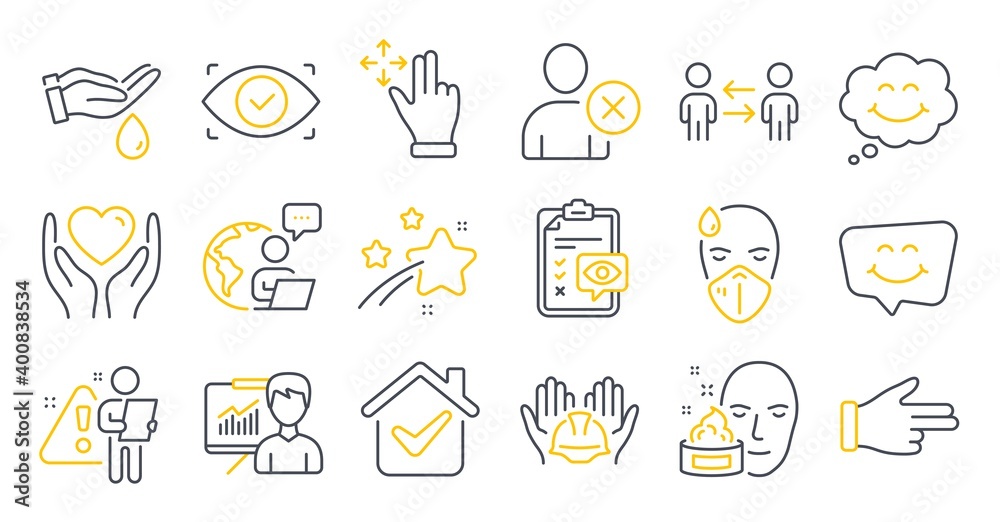 Set of People icons, such as Eye checklist, Move gesture, Sick man symbols. Smile chat, Builders union, Biometric eye signs. Wash hands, Click hand, Hold heart. Teamwork business, Smile. Vector Set of People icons, such as Eye checklist, Move gesture, Sick man symbols. Smile chat, Builders union, Biometric eye signs. Wash hands, Click hand, Hold heart. Teamwork business, Smile. Vector