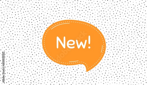 New symbol. Orange speech bubble on polka dot pattern. Special offer sign. New arrival. Dialogue or thought speech balloon on polka dot background. Arrivals chat think thought bubble. Vector