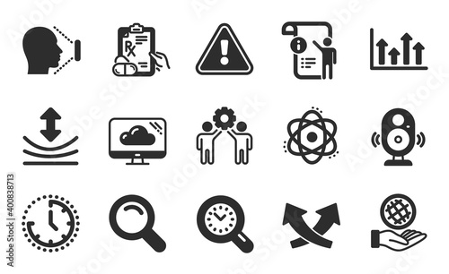 Speaker, Manual doc and Safe planet icons simple set. Employees teamwork, Resilience and Intersection arrows signs. Cloud storage, Atom and Prescription drugs symbols. Flat icons set. Vector