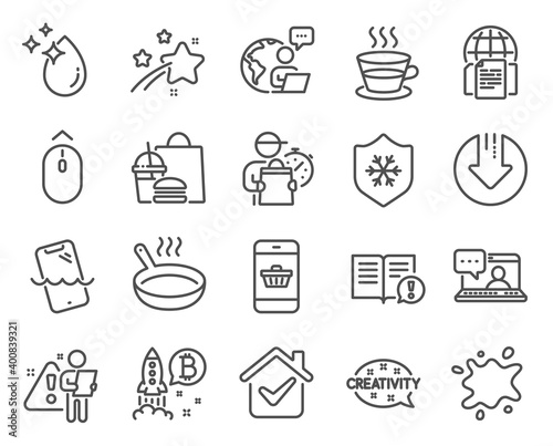Business icons set. Included icon as Smartphone waterproof  Clean skin  Internet documents signs. Smartphone buying  Facts  Download arrow symbols. Bitcoin project  Dirty spot  Creativity. Vector