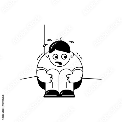 The man sits in the corner with his knees drawn up and trembles with fear.  Black and white caricature, illustration. Vector isolated on a white background.