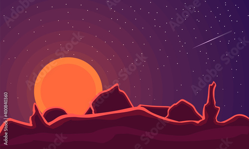 Abstract contemporary aesthetic landscape with the sun, mountains. Mars planet tones
