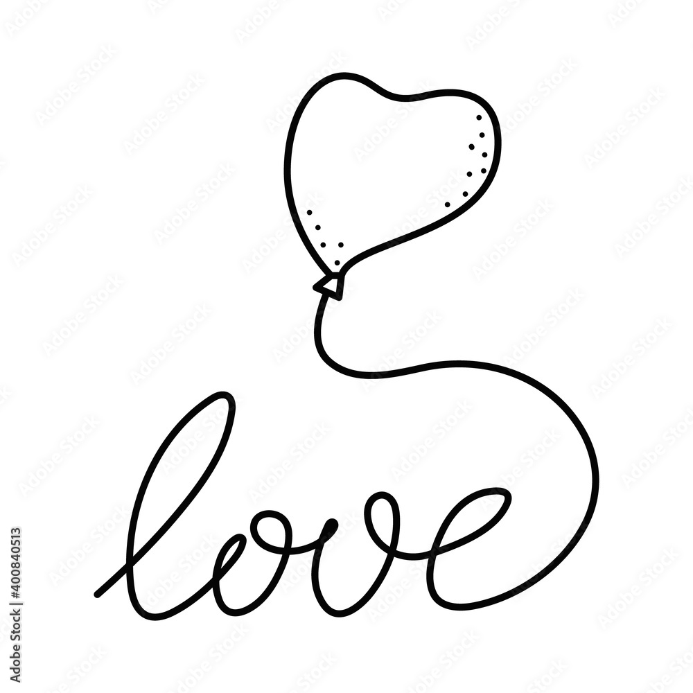 Cute colorful heart shaped balloons in doodle style and handwritten lettering LOVE for Valentines day celebration. Good for wedding design, greeting card, bridal invitation, birthday party Cute colorful heart shaped balloons in doodle style and handwritten lettering LOVE for Valentines day celebration. Good for wedding design, greeting card, bridal invitation, birthday party