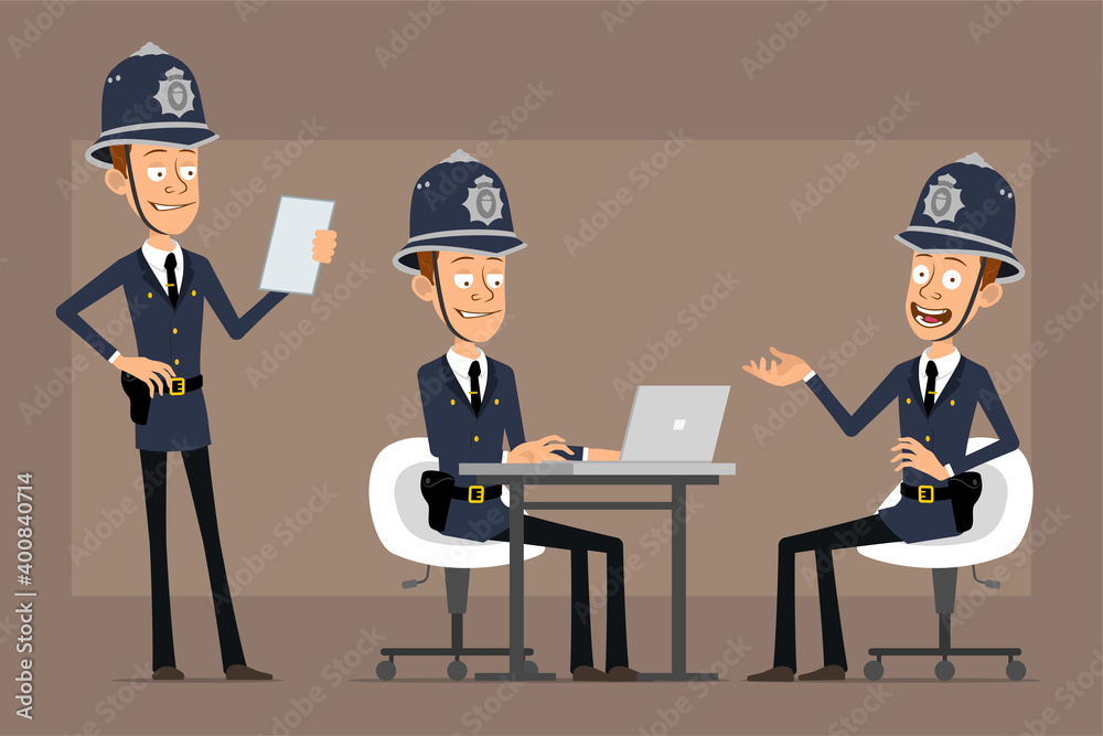 Cartoon flat funny british policeman character in blue helmet hat and uniform. Boy reading note and working on laptop. Ready for animation. Isolated on brown background. Vector set.