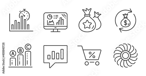 Loyalty points, Special offer and Money exchange line icons set. Analytics graph, Graph chart and Analytical chat signs. Fan engine, Report timer symbols. Money bags, Discounts, Cash in bag. Vector