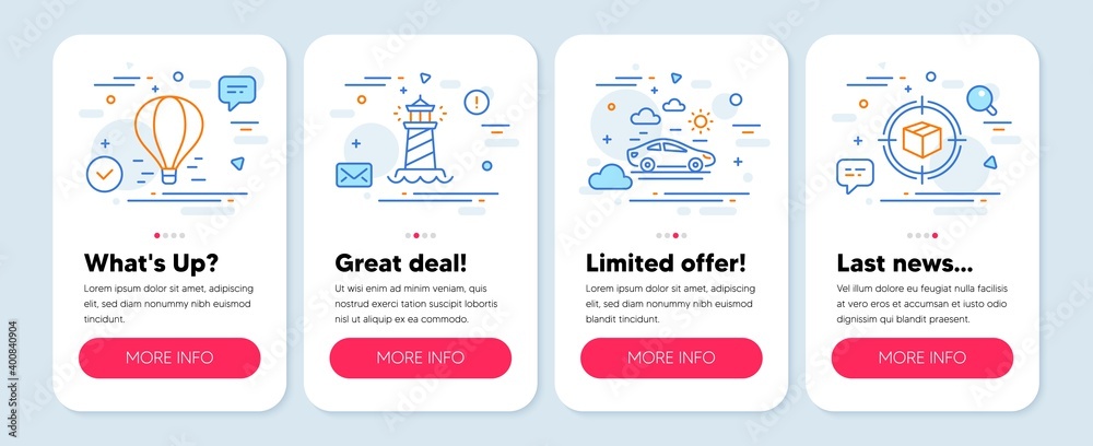 Set of Transportation icons, such as Air balloon, Lighthouse, Car travel symbols. Mobile app mockup banners. Parcel tracking line icons. Flight travel, Searchlight tower, Transport. Vector