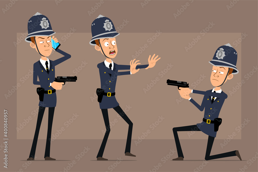 Cartoon flat funny british policeman character in blue helmet hat and uniform. Boy talking on phone and shooting from pistol. Ready for animation. Isolated on brown background. Vector set.