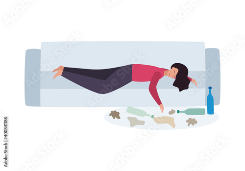Drunk woman with alcohol addiction lies on couch, vector illustration isolated.