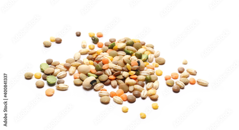 Mixed legumes and cereals, peeled barley, green, yellow and dark red lentil, half green peas, black white beans, green beans isolated on white background Mixed legumes and cereals, peeled barley, green, yellow and dark red lentil, half green peas, black white beans, green beans isolated on white background
