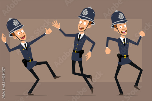 Cartoon flat funny british policeman character in blue helmet hat and uniform. Boy jumping up, dancing and showing thumbs up sign. Ready for animation. Isolated on brown background. Vector set.