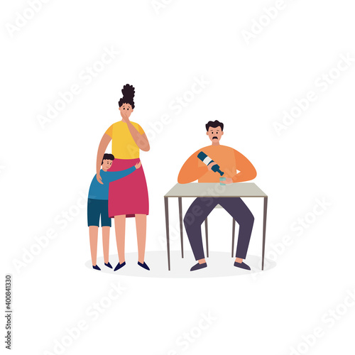 Unhappy family with man with bad habits, alcohol addiction a vector illustration