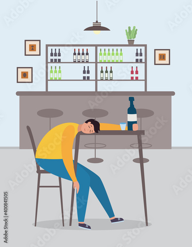 Drunk man cartoon character asleep in the bar flat vector illustration.