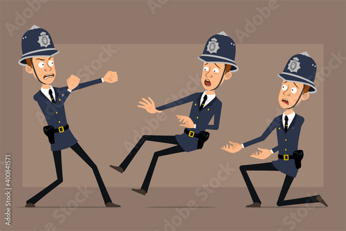 Cartoon flat funny british policeman character in blue helmet hat and uniform. Boy fighting, falling back and standing on knee. Ready for animation. Isolated on brown background. Vector set.