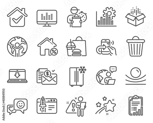 Technology icons set. Included icon as Share call, Music making, Smile signs. Elastic material, Internet downloading, Trash bin symbols. Accounting report, Checklist, Seo graph. Loan house. Vector