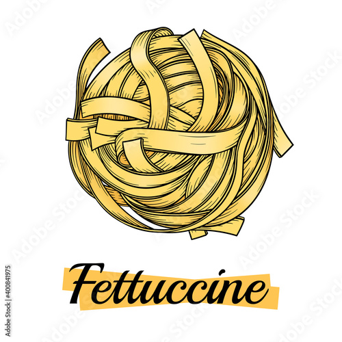 Pasta Fettuccine Tagliatelle Pappardelle or Taglierini sketch. Italian Food vector illustration. Vintage hand drawn doodle style. Engraved, ink, outline, in color. Hand drawing.