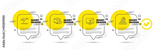 Delivery timer, Touch screen and Departure plane line icons set. Timeline infograph speech bubble. Roller coaster sign. Express logistics, Web support, Airport transport. Attraction park. Vector