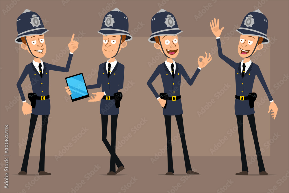 Cartoon flat funny british policeman character in blue helmet hat and uniform. Boy holding smart tablet, showing attention and okay sign. Ready for animation. Isolated on brown background. Vector set.