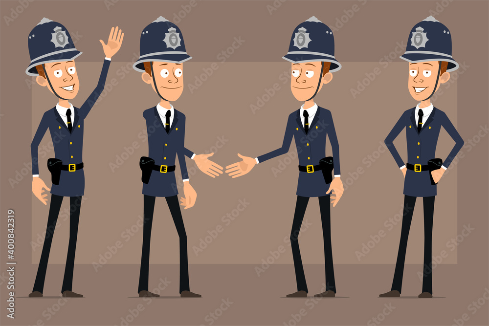 Cartoon flat funny british policeman character in blue helmet hat and uniform. Boy shaking hands and showing welcome gesture. Ready for animation. Isolated on brown background. Vector set. Cartoon flat funny british policeman character in blue helmet hat and uniform. Boy shaking hands and showing welcome gesture. Ready for animation. Isolated on brown background. Vector set.