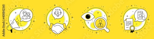 Human, Teamwork and Business way line icons set. Megaphone, licence and deal vector icons. Star rating sign. Person profile, Man with woman, Correct path. Phone feedback. People set. Vector