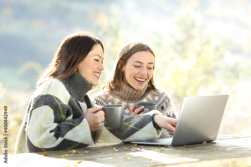 Two happy friends using laptop in winter in a park