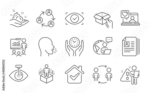 Cv documents, Hold box and Cough line icons set. Augmented reality, Presentation and Biometric eye signs. Teamwork, Skin care and Safe time symbols. Eye laser, Workflow and Friends chat. Vector
